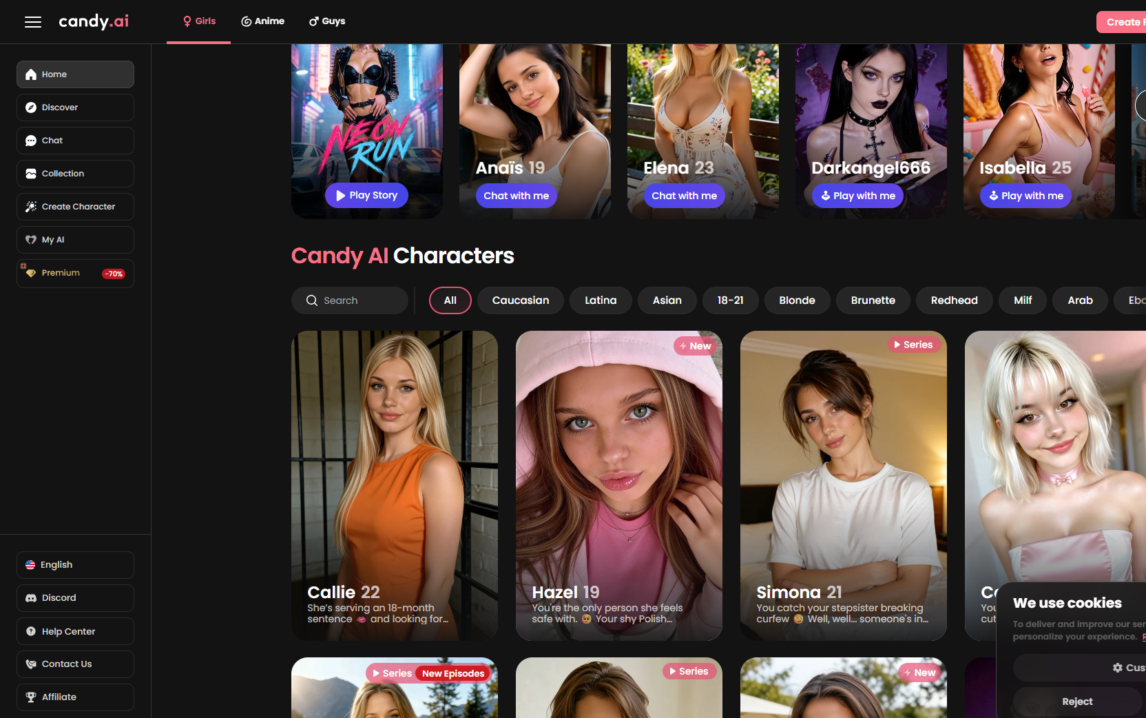 Browsing the Candy AI character gallery