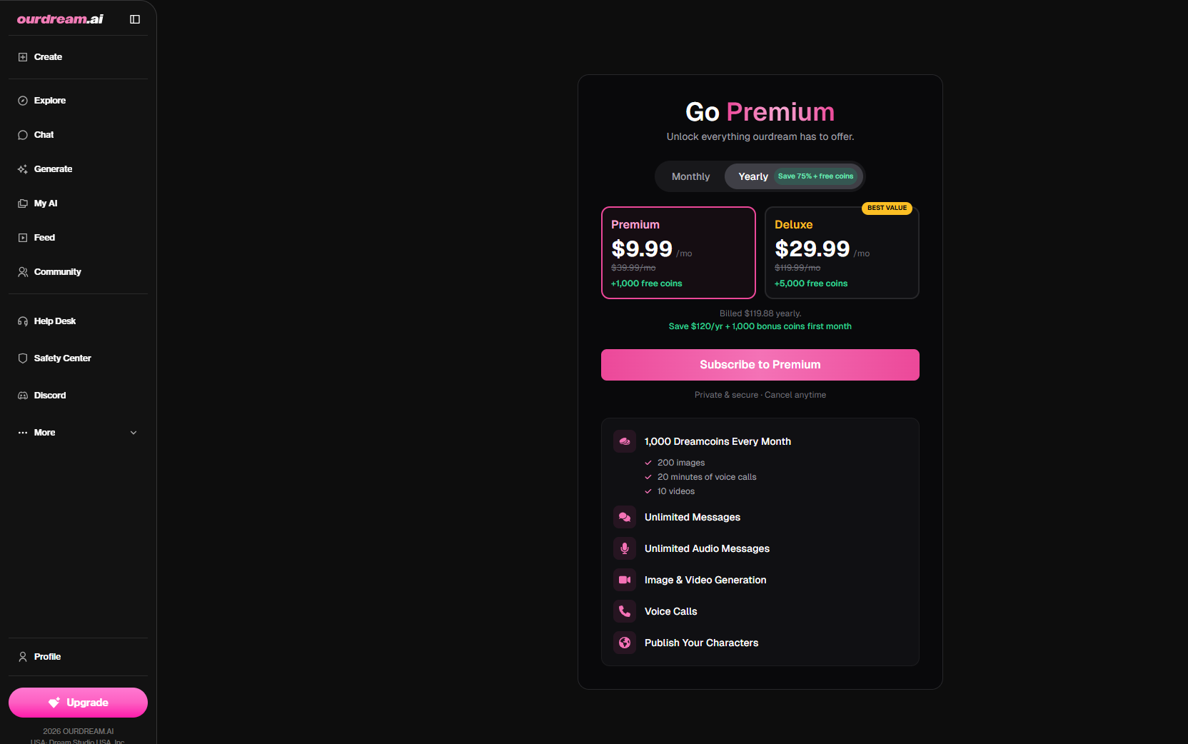 Ourdream AI pricing & subscription tiers